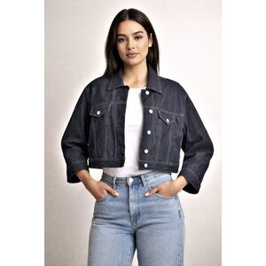 New. GAP 1969 Oversized Crop Denim Jacket | Cropped Sleeves: Dark Blue Small